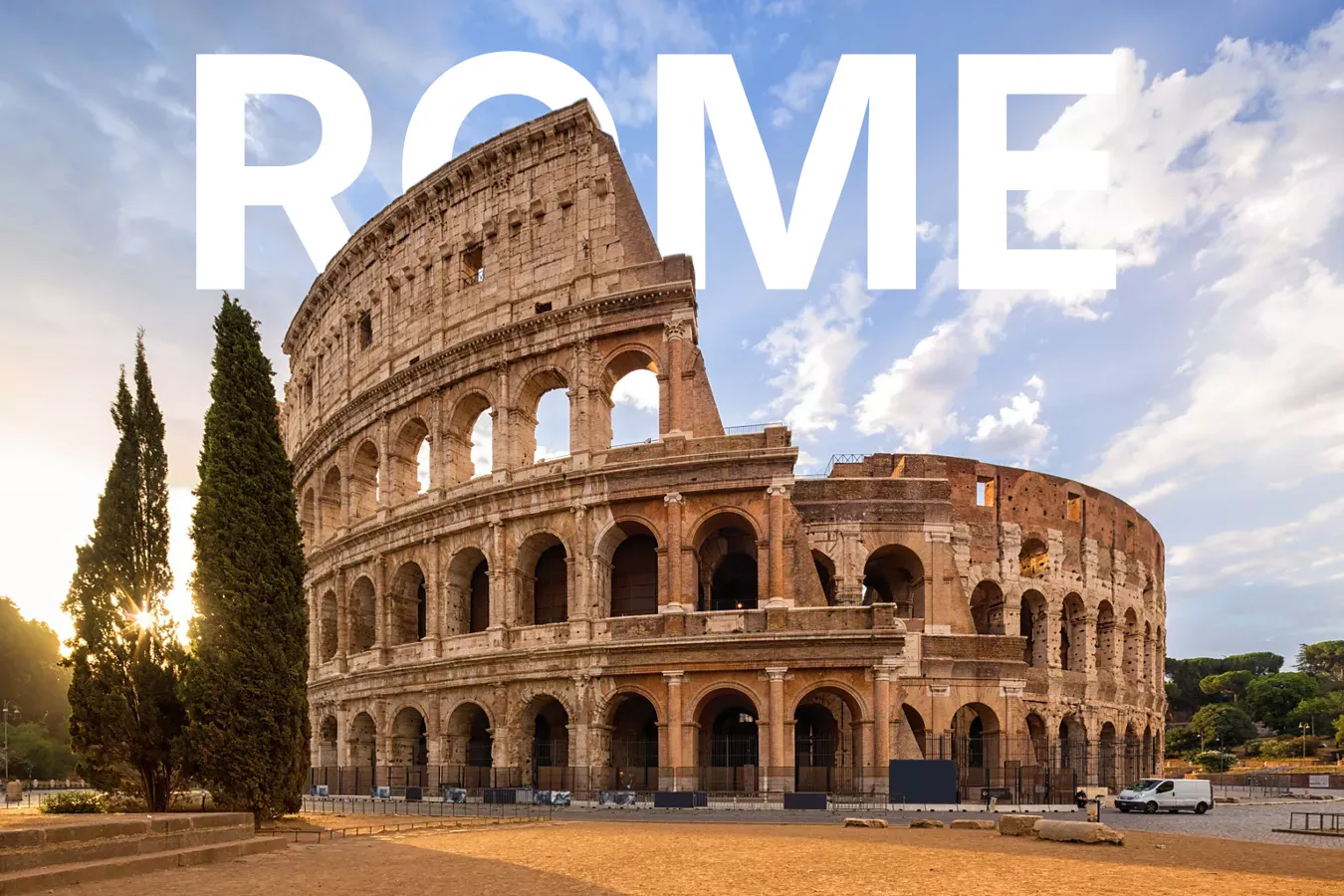 Text behind image example — city name placed behind the Colosseum in Rome